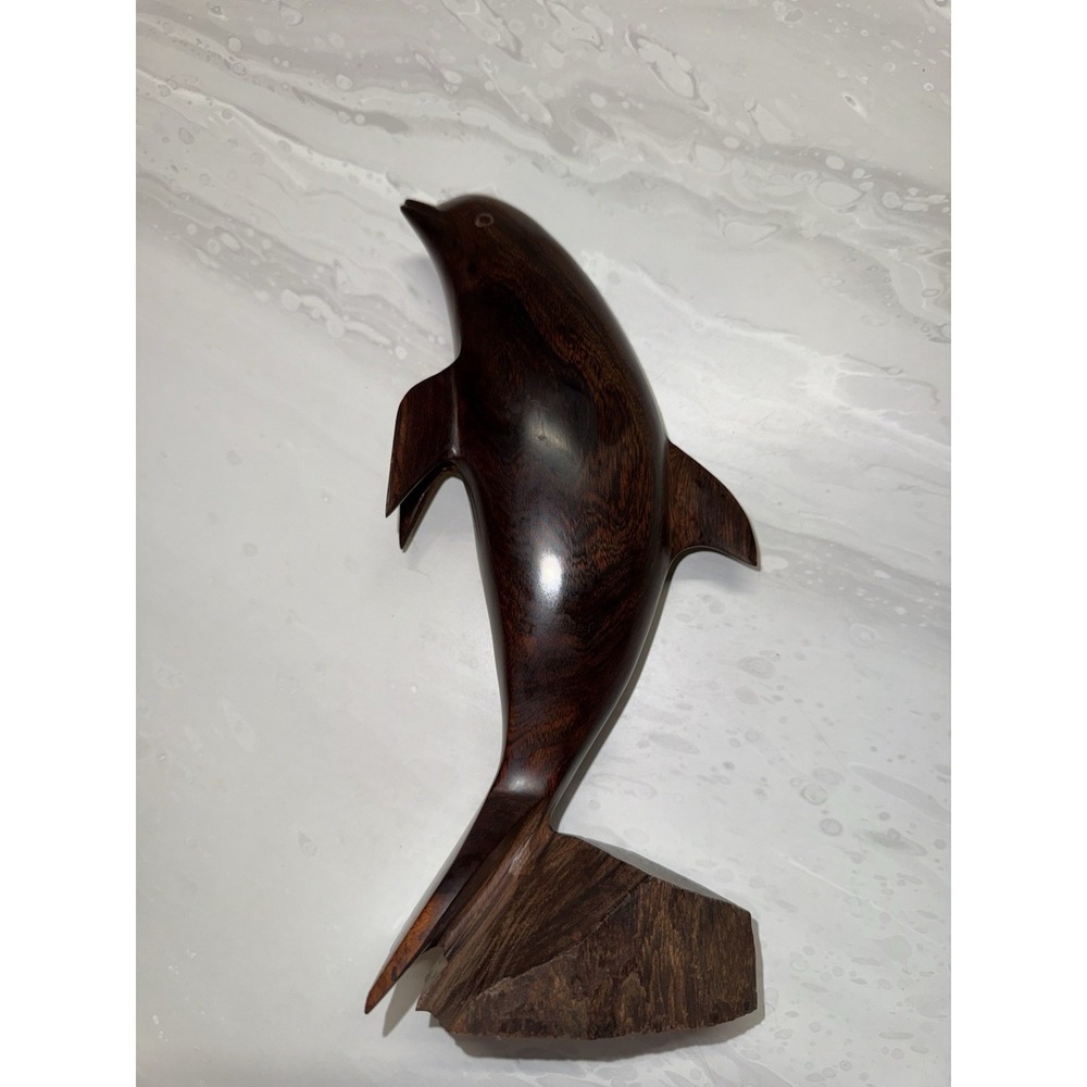 Vintage 70's Hand Carved Ironwood Wooden Dolphin Statue Figurine 11" Nautical
